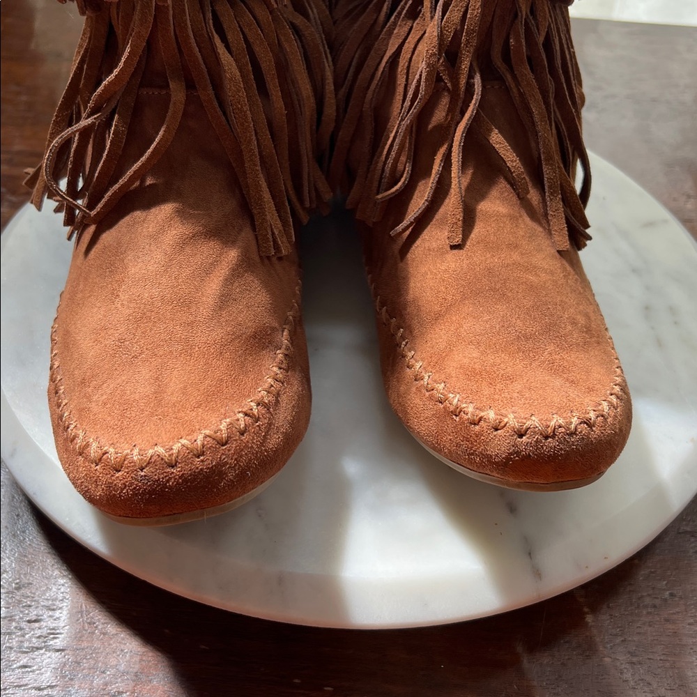 MOSSIMO Ankle Boots Double Fringe Suede Leather Chestnut Brown Women's Size 10 - Picture 6 of 11